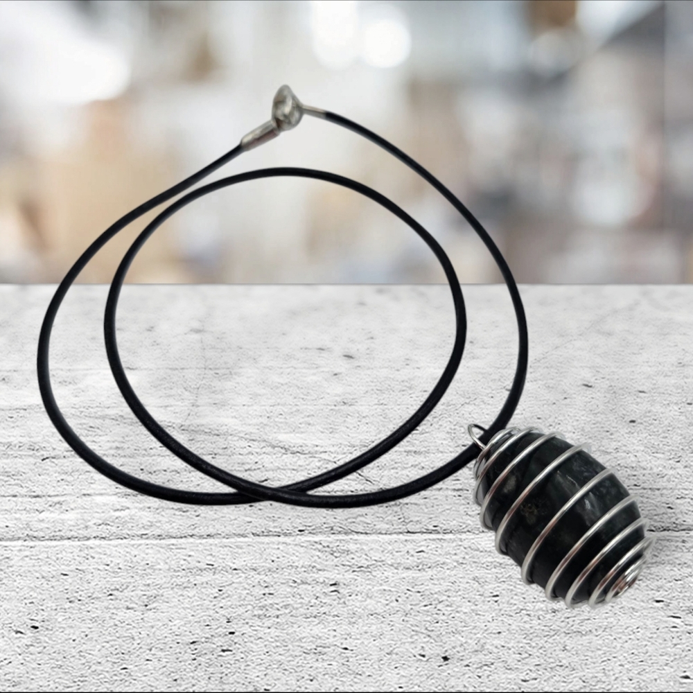 Handmade Moss Agate Stone Pendant in Silver Spiral Cage Necklace